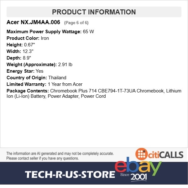 Acer NX.JM4AA.006 Chromebook Plus 714 14″ Touch Ultra 7 155U 32GB 512GB SSD
