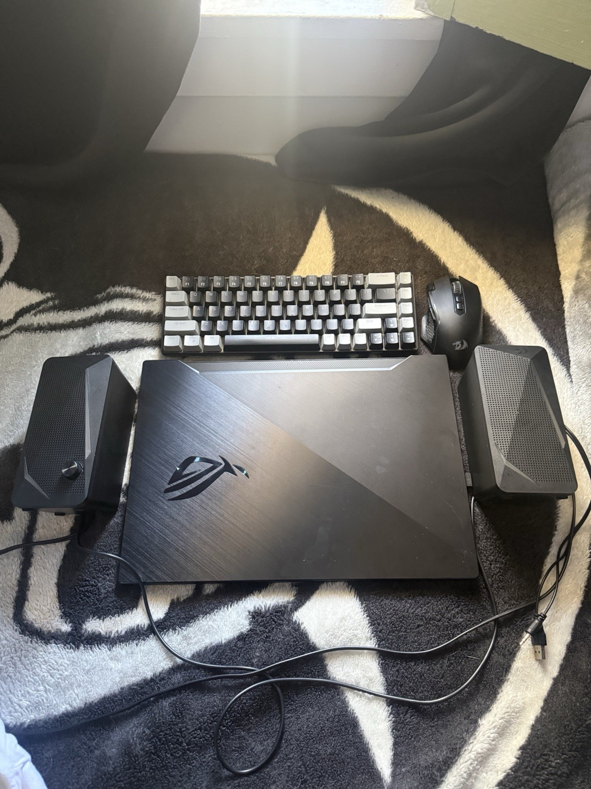 Asus gaming laptop, 2 red dragon speakers, red dragon wireless mouse, keyboard