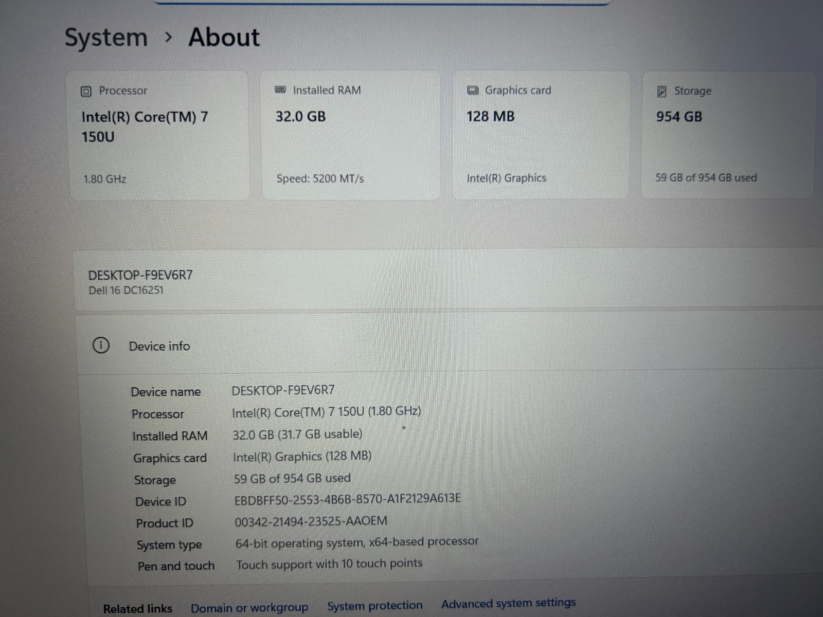 DELL 16 DC16251 F5J3K, Intel Core 7 150U, 1.80 GHz, 32 GB RAM, 1 TB NVMe SSD