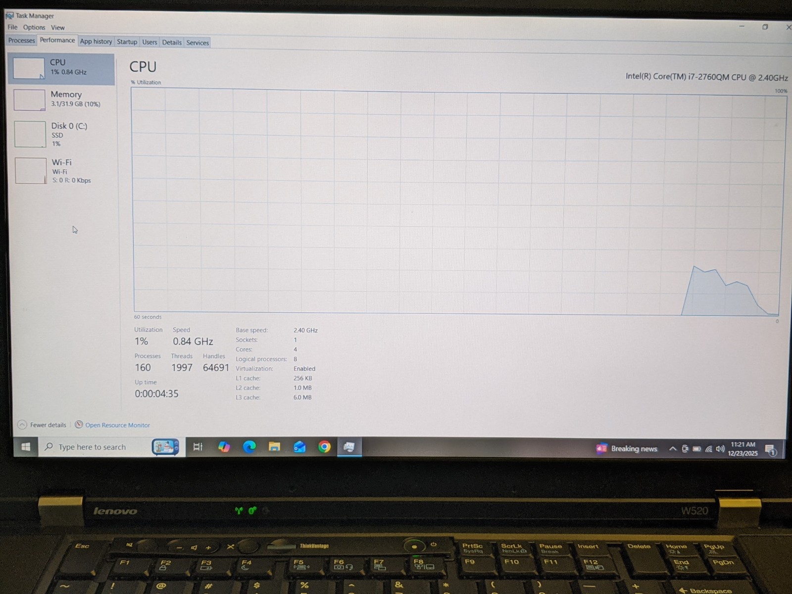 Lenovo ThinkPad W520 15.6 Laptop Intel i7-2760QM 32GB RAM 256GB mSATA SSD Win 10