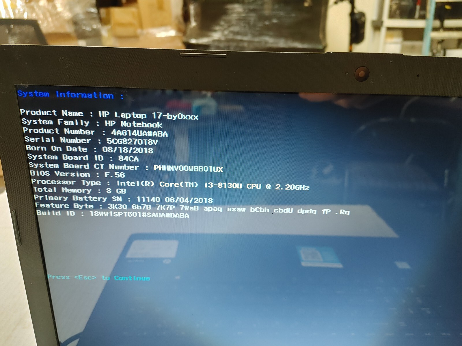 HP 17-by0xxx Core i3-8130U@ 2.20GHz , NO RAM ,NO HD , Bad screen ,for parts only