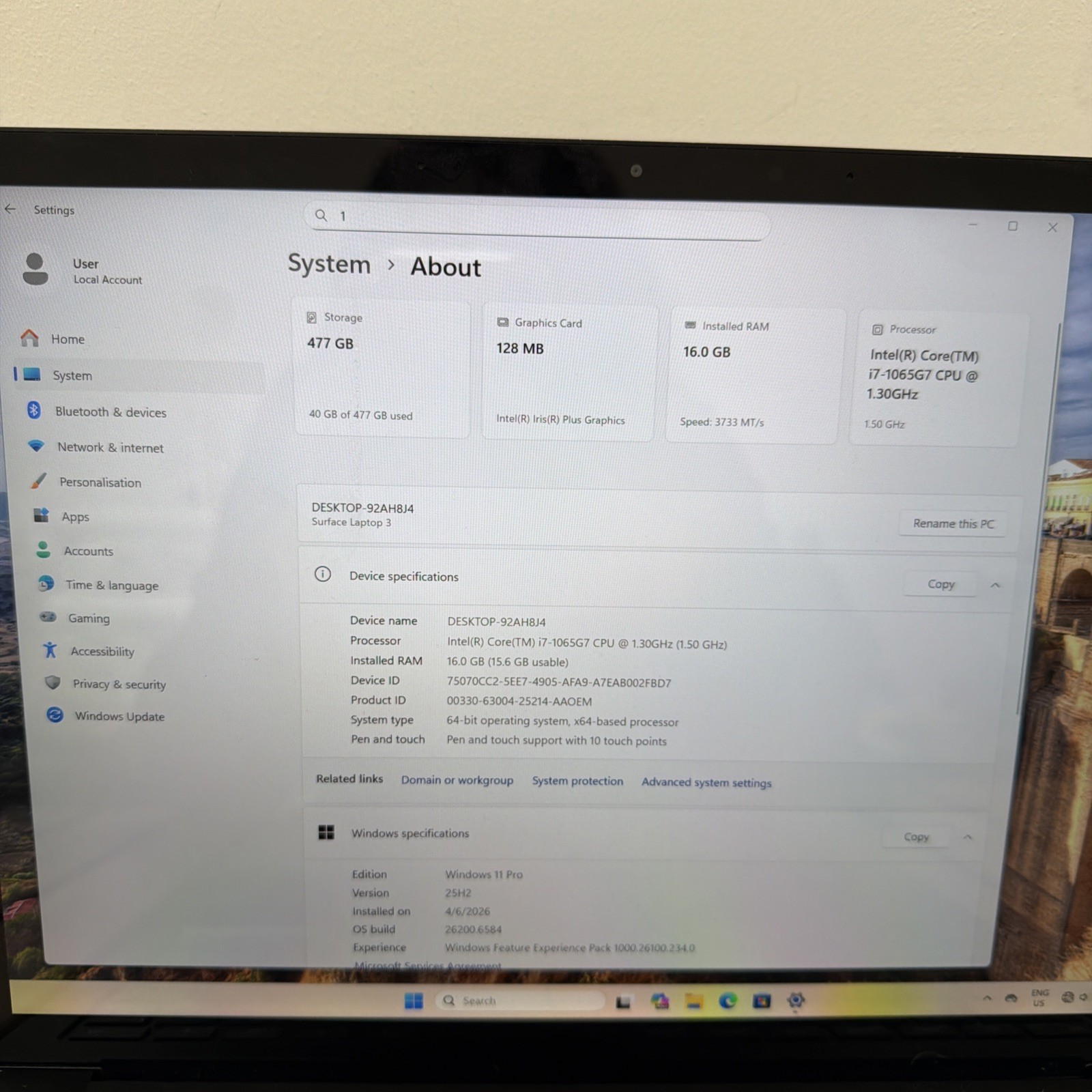 Microsoft Surface Laptop 3 Core i7-1065G7 1.30GHz 16GB RAM 256GB SSD W11P *GOOD*