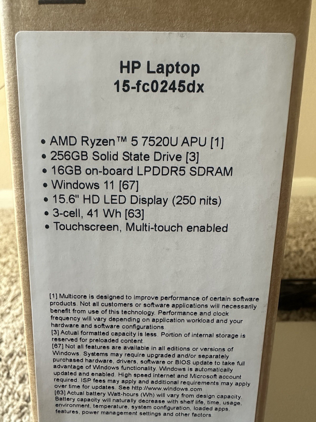 HP 15-FC0245DX Laptop 15.6″ Ryzen 5 7520U 2.8GHz, 16GB RAM, 256GB HDD