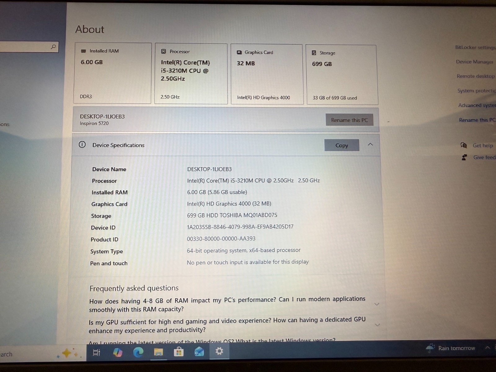 DELL INSPIRON 5720 LAPTOP I5-3210M 2.50GHZ 17.3″ 6GB RAM 750GB HD WITH AC