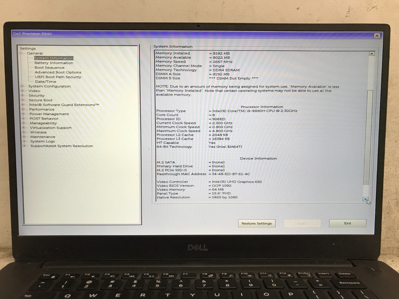 Dell Precision 5540 / Intel Core i9-9880H 2.30GHz / 8GB RAM / No SSD