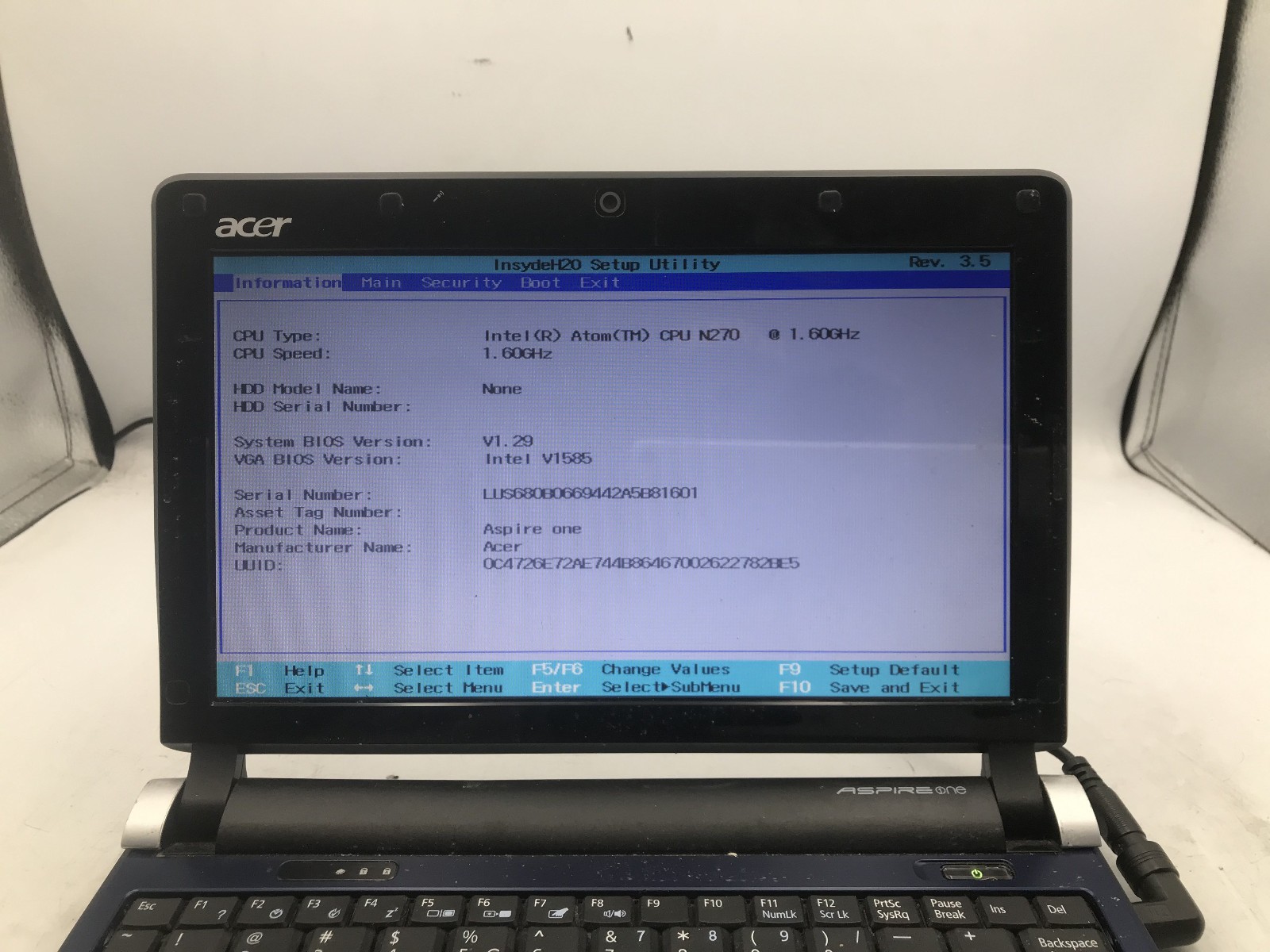 ACER ASPIRE ONE KAV60 – BOOTS TO BIOS – INTEL ATOM A270 – NO RAM – READ DESC -BB