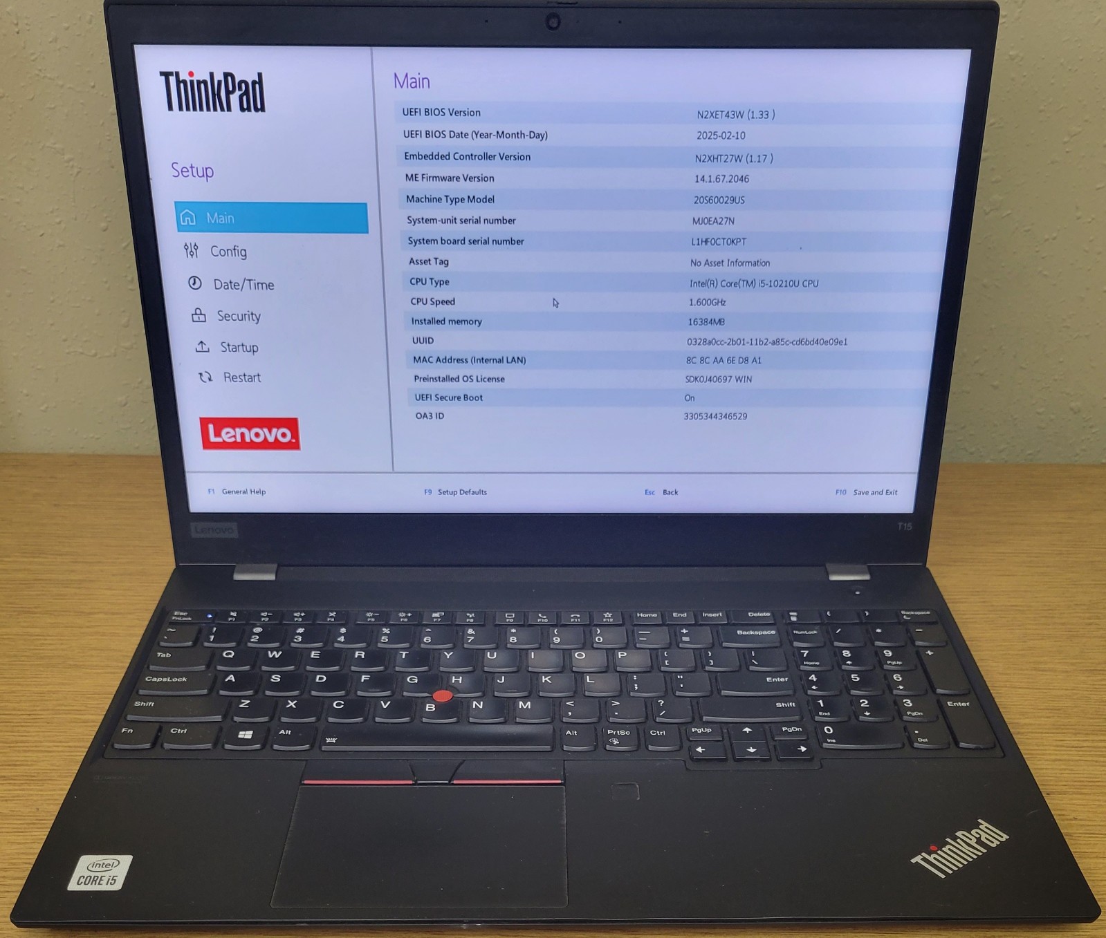 Lenovo ThinkPad T15 Gen1 i5-10210U 1.60GHz 16GB 256GB NVMe No OS