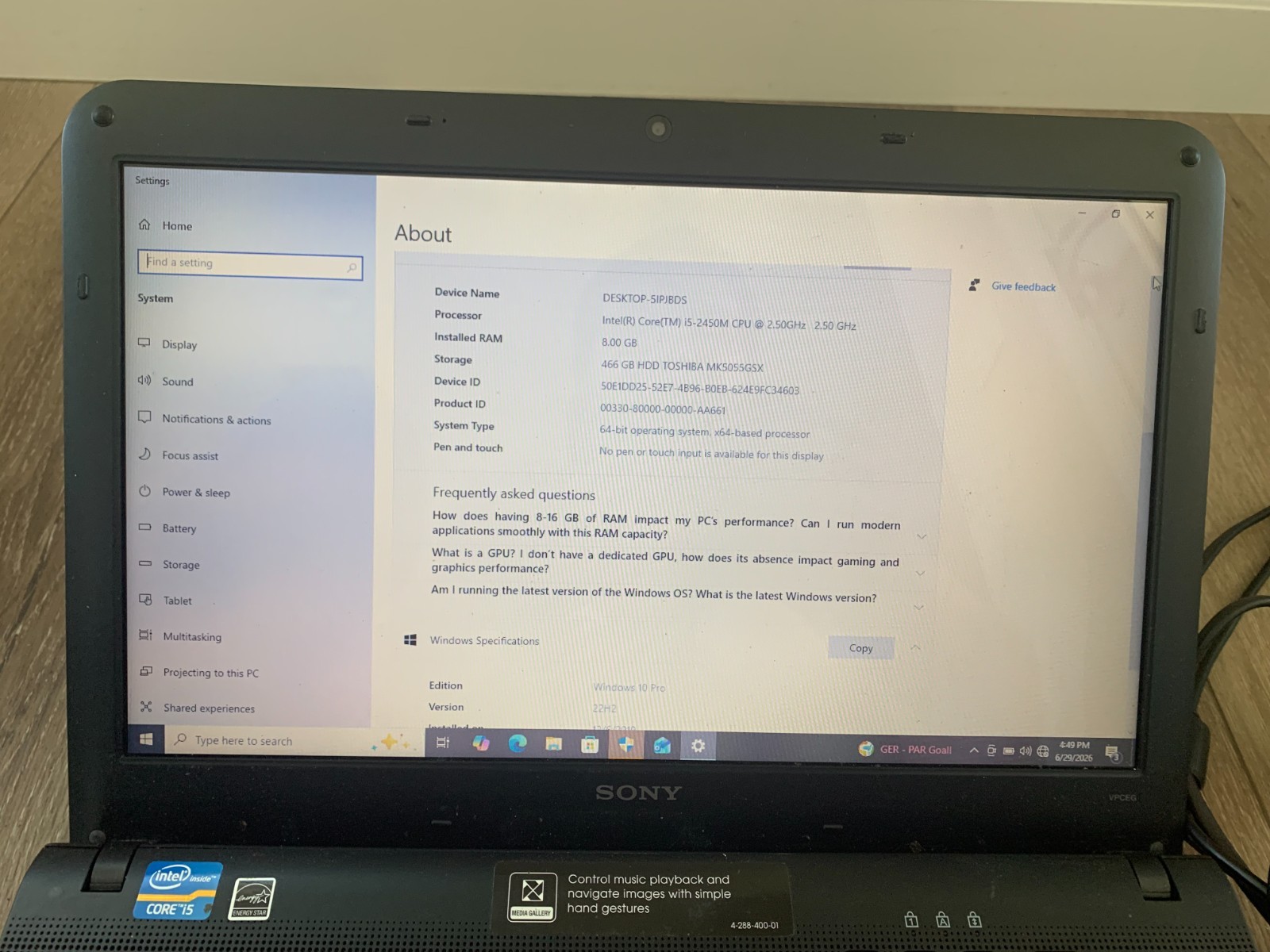 Sony PCG-61A14L VPCEG 14″ Intel Core i5-2450M 2.50GHz 8GB Ram 500GB HDD Win 10