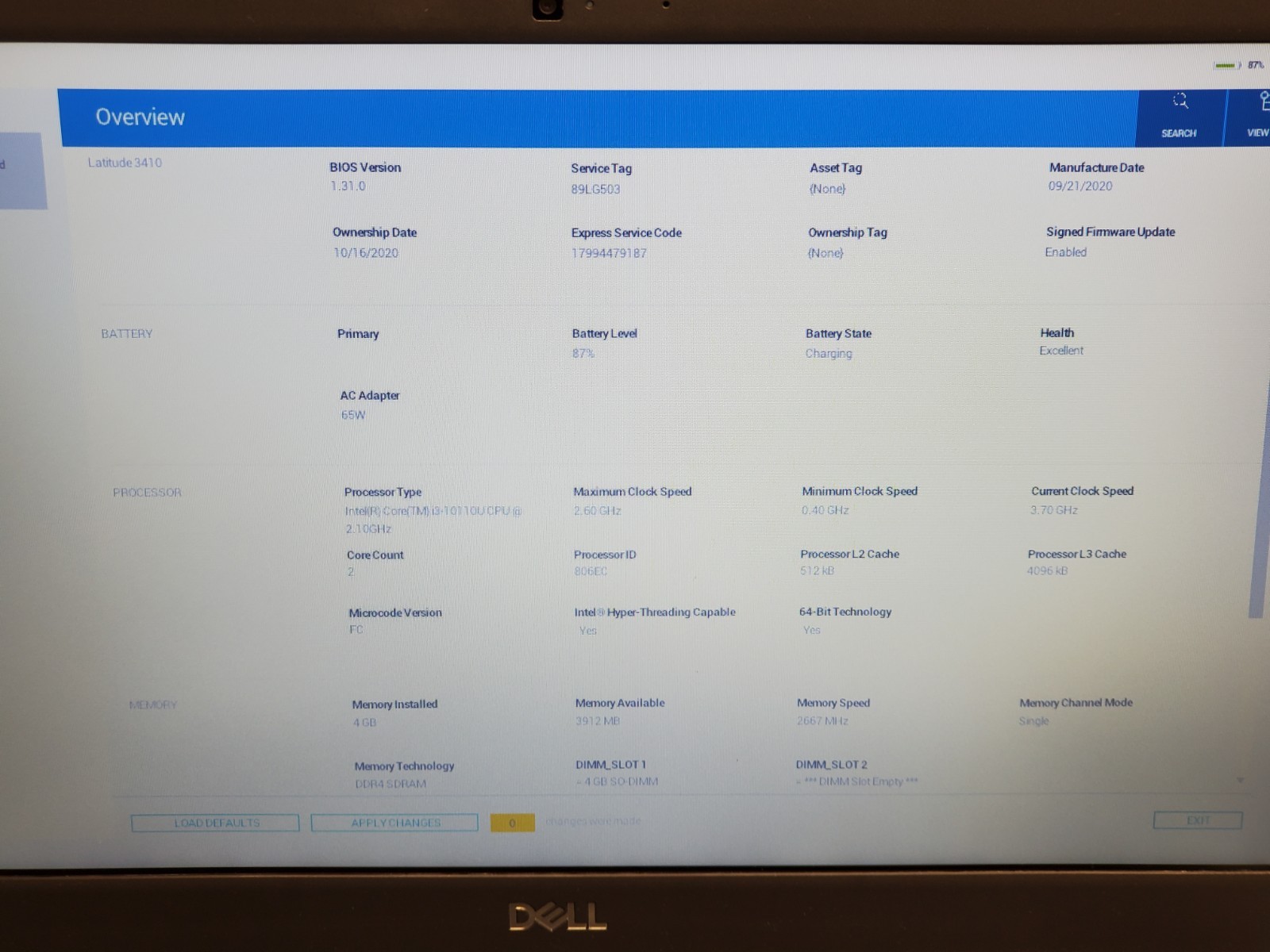 Dell Latitude 3410 i3 10110U 2.10GHz /4GB /NO SSD #2749