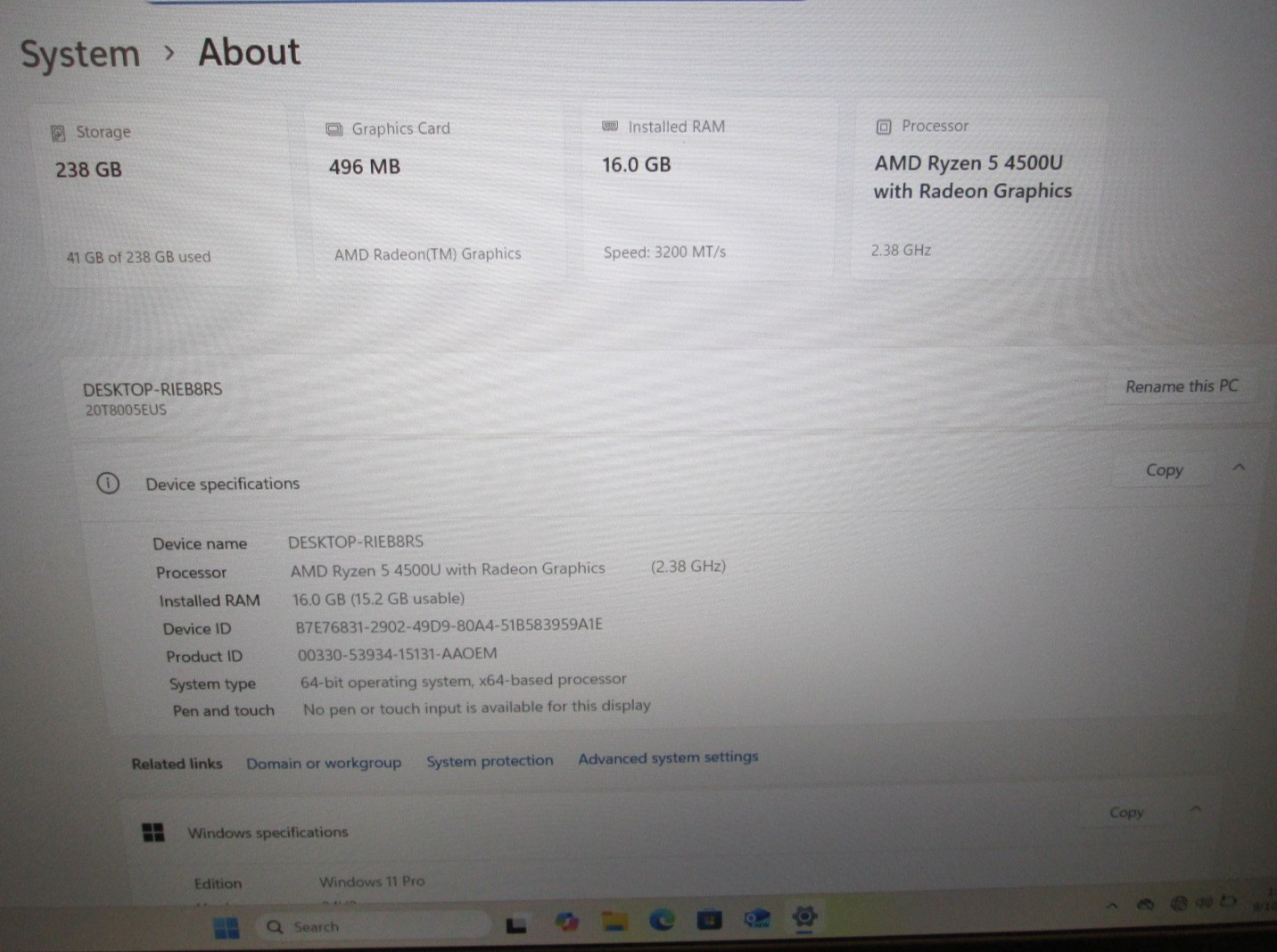 Lenovo ThinkPad E15 Gen 2 Ryzen 5 4500U 16GB RAM 256GB SSD Windows 11