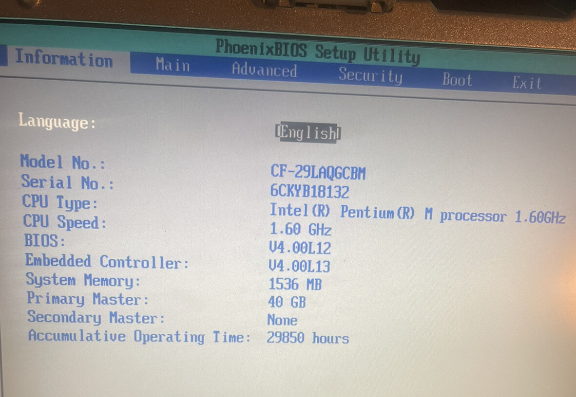 PANASONIC TOUGH LAPTOP CF29 MK4-MK5/ 40GB /NON-TOUCH/1.5 GB RAM 1.60 HZ