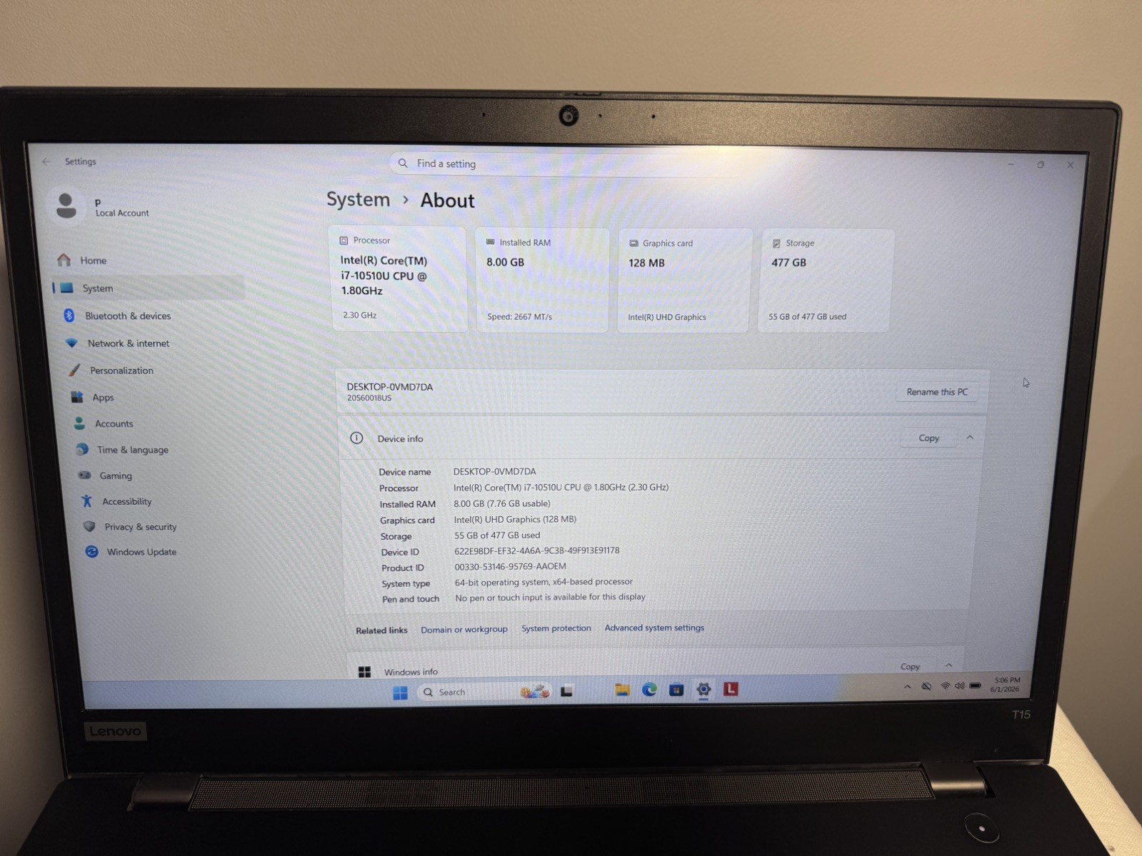 LENOVO ThinkPad T15 Gen1 i7 | 8GB RAM | 512GB SSD | WIN11P