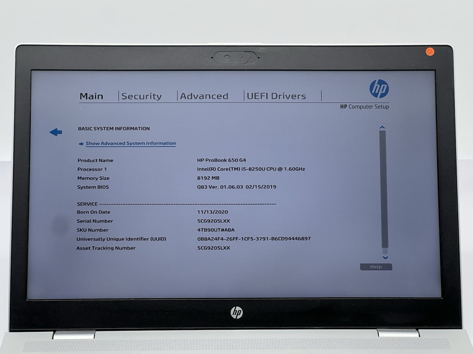 HP ProBook 650 G4, i5-8250U CPU, @ 1.60GHz, 8GB RAM-No HDD/OS/Charger