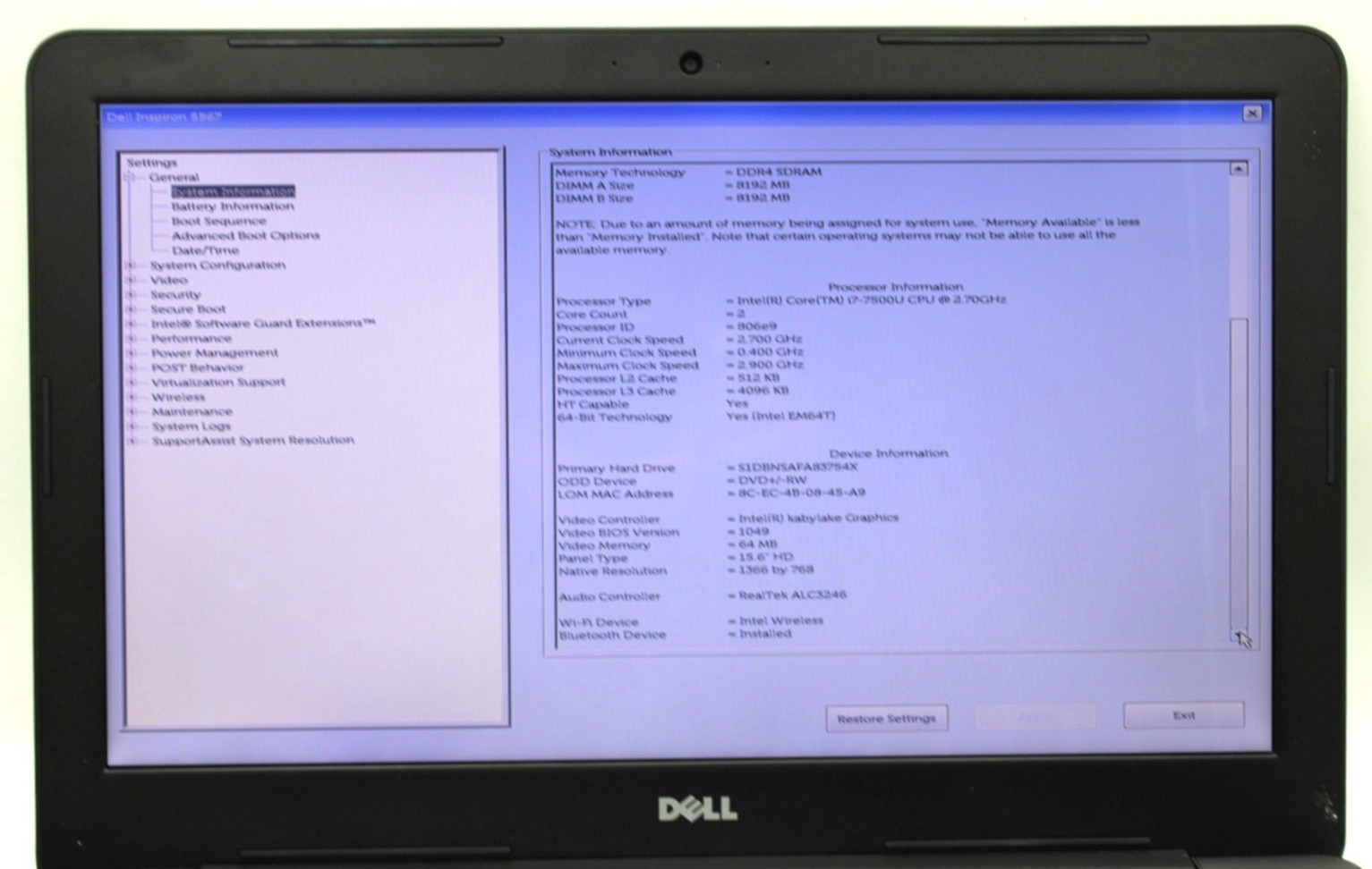 Dell Inspiron 15 5567 i7-7500U @2.7GHz 16GB DDR3 250GB SATA NO OS *USED/TESTED*
