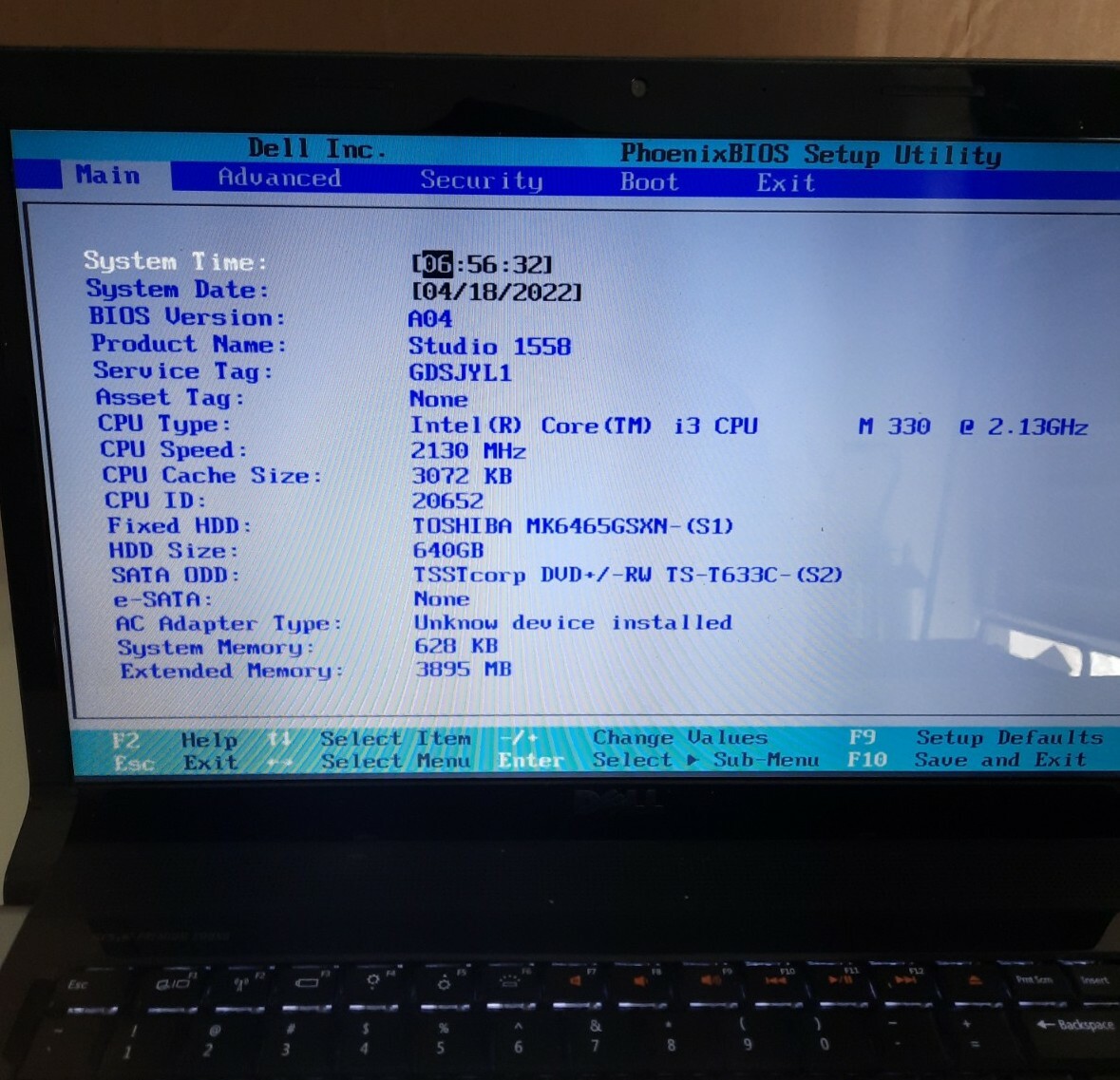 Dell Studio 1558 Core I3 CPU 2.13GHz 15”Screen **** Non working For Parts Only