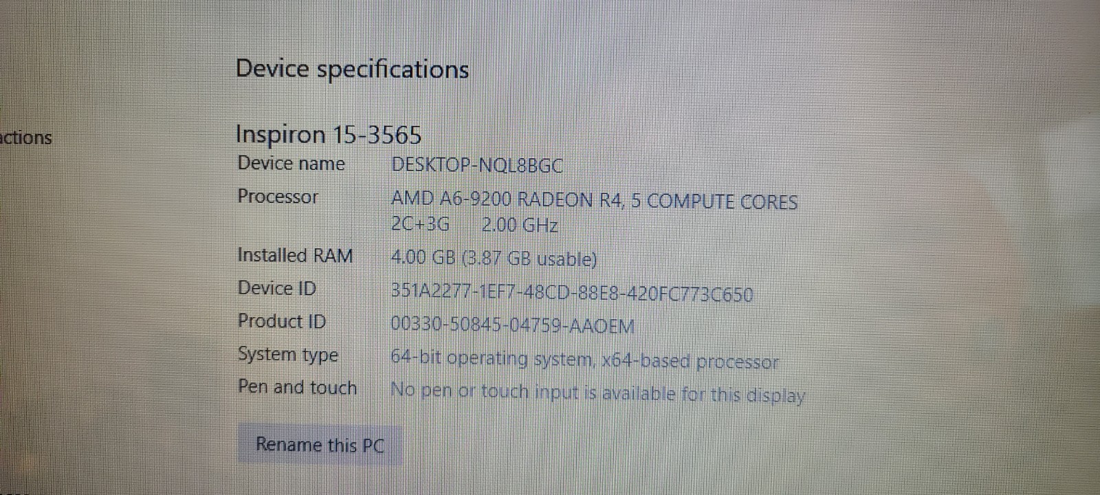 Dell Inspiron 15 3000 1TB HDD 4GB RAM AMD A6-9200 Radeon R4 – Windows10 PRO!