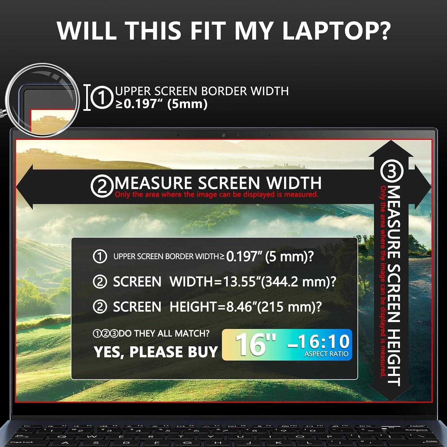 Magnetic Laptop privacy screen 16 inch for 16:10 Widedisplay, Removable Shield