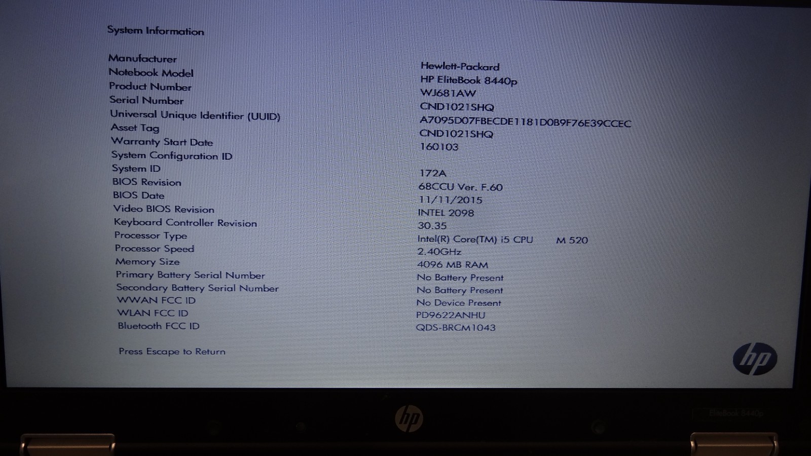 HP ELITEBOOK 8440P – BOOTS TO BIOS – INTEL I5 M520 – 4GB RAM – Read Description