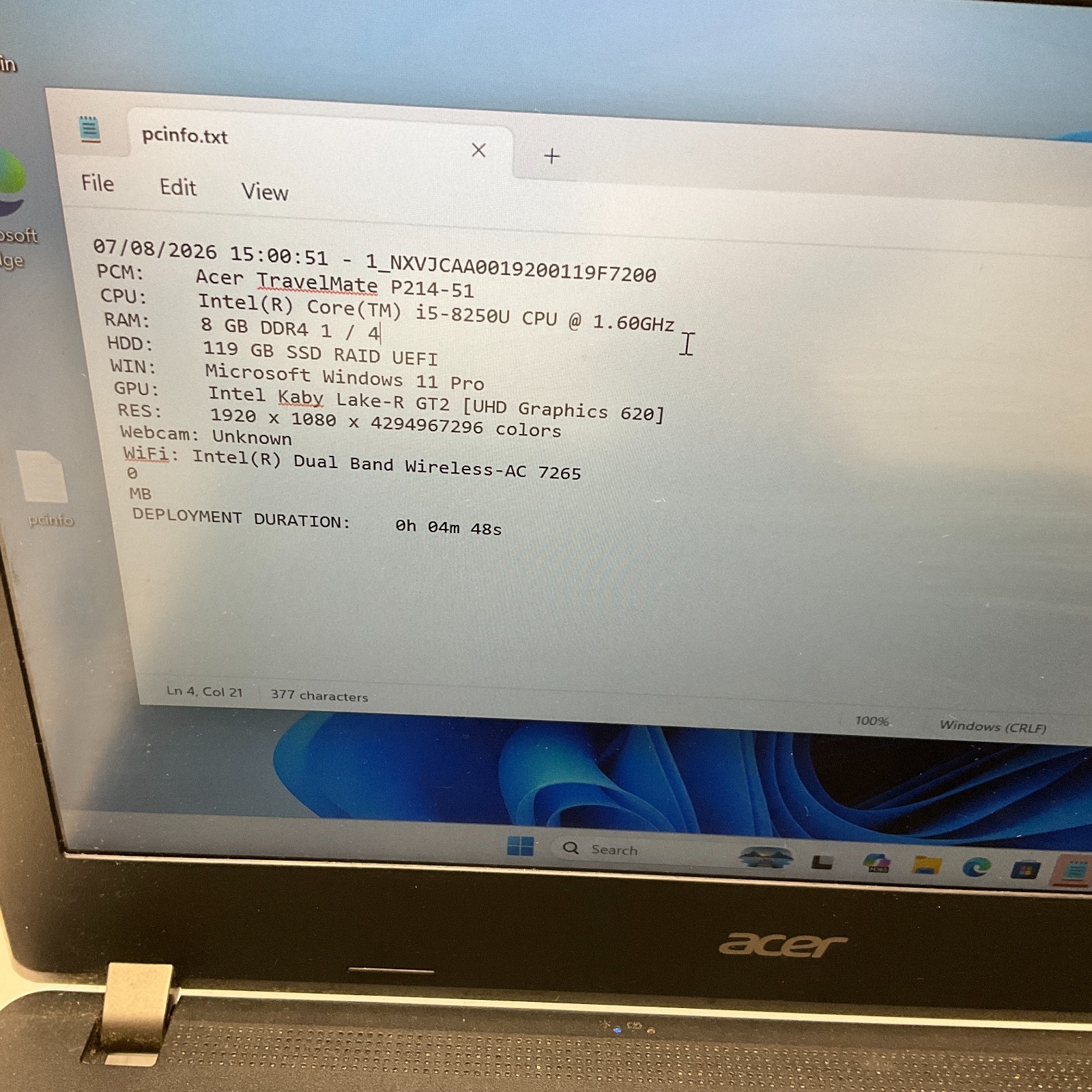 Acer TravelMate P214-51 14″ Intel Core i5-8250U @ 1.60 GHz 8GB 128GB SSD Win 11