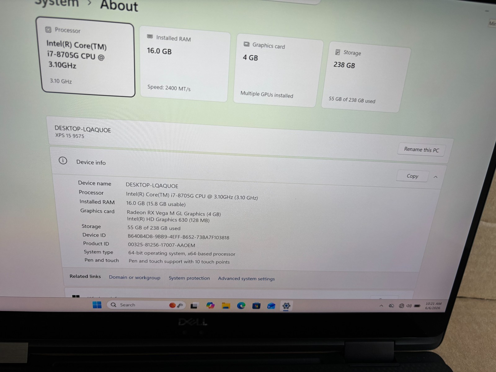 DELL XPS 15 9575 i7-8705G 3.1GHZ DDR4 16GB NVME 256GB RX VEGA TOUCH SCREEN