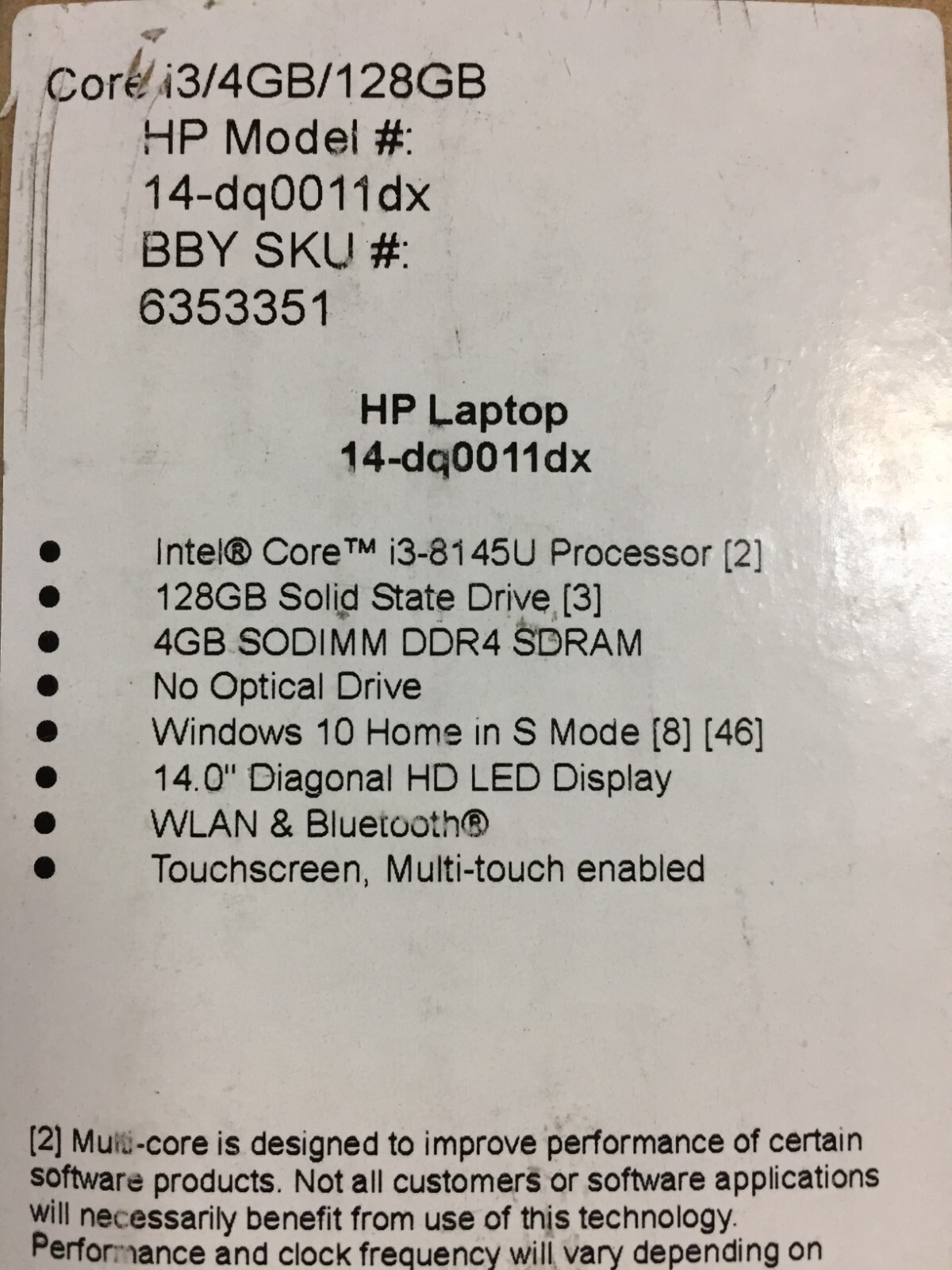 HP 14-dq0011dx 7FU46UA 14″ touchscreen Laptop/i3-8145U/4GB Ram/128GB SSD/W10H S