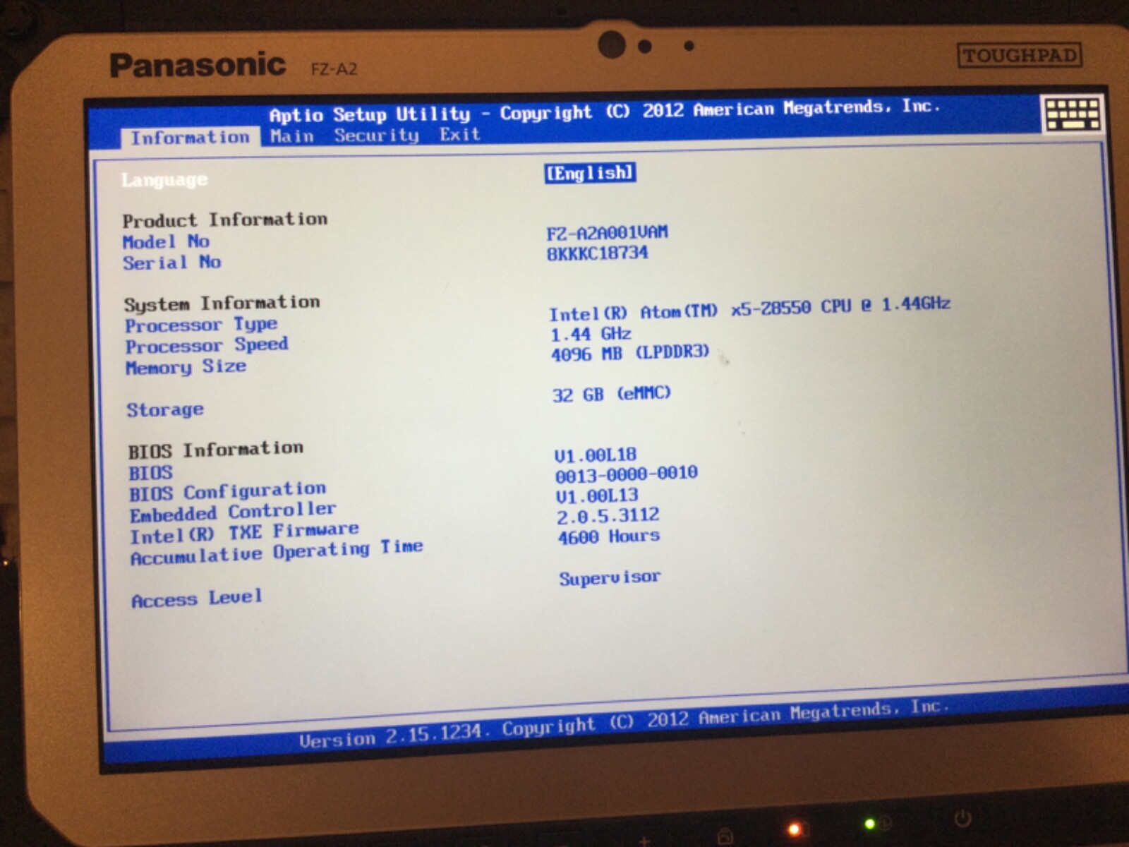 Panasonic FZ-A2 Toughbook Android 6.0.1 Intel Atom X5 4Gb 32Gb, No VPRO, 10.1