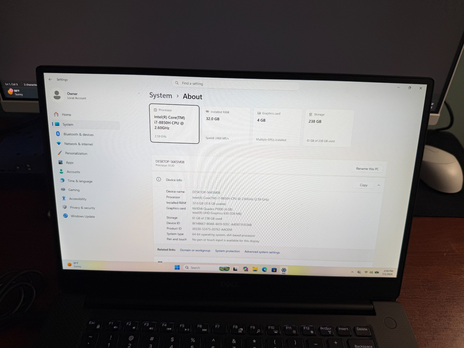 Dell Precision 7530 i7-8850H 32GB 256GB NVMe Quadro P2000 Win11P 130W Charger