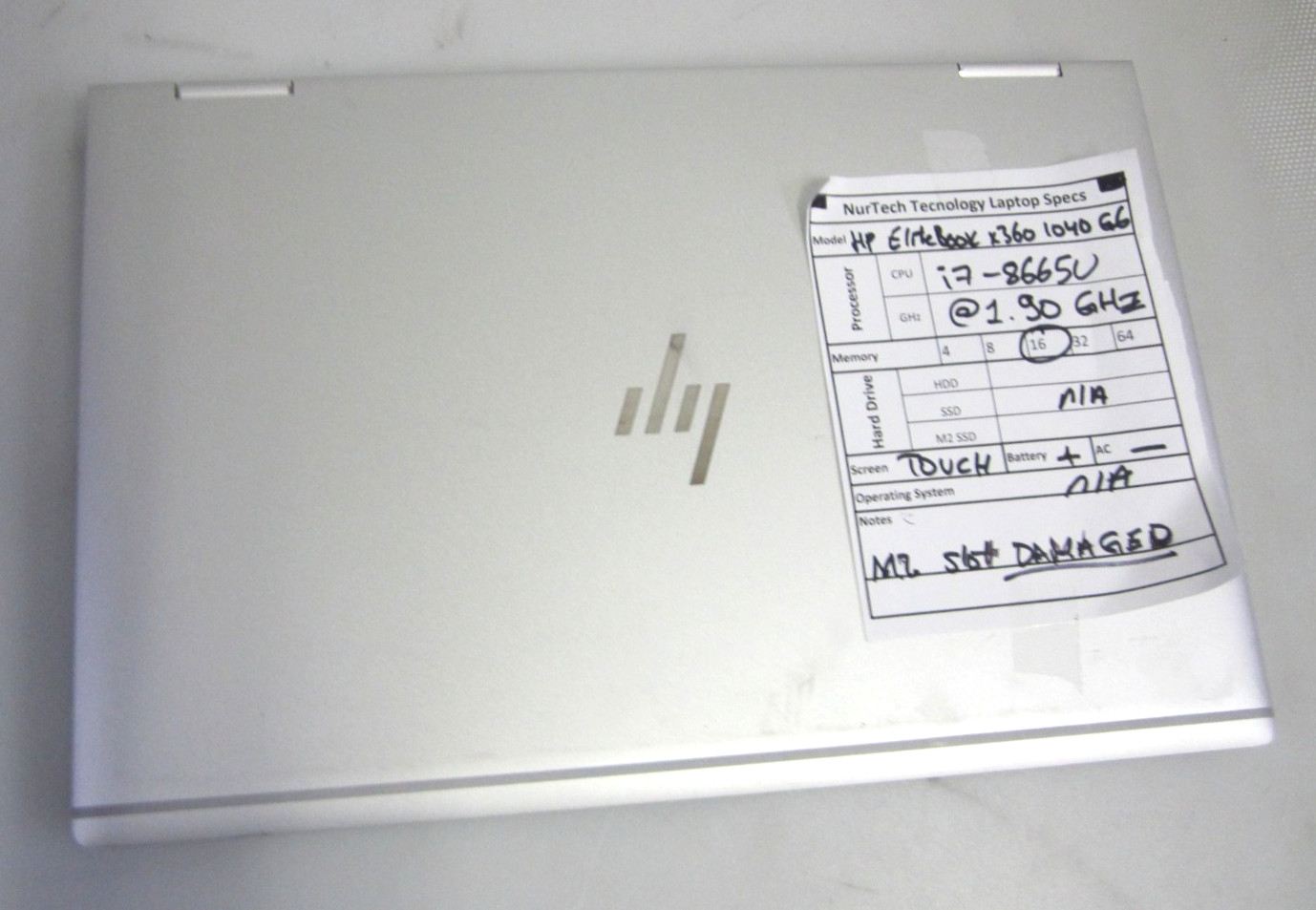 HP EliteBook X360 1040 G6 i78665U 1.90GHZ 16GB LAPTOP NO AC/HDD/OS BAD M2 SLOT
