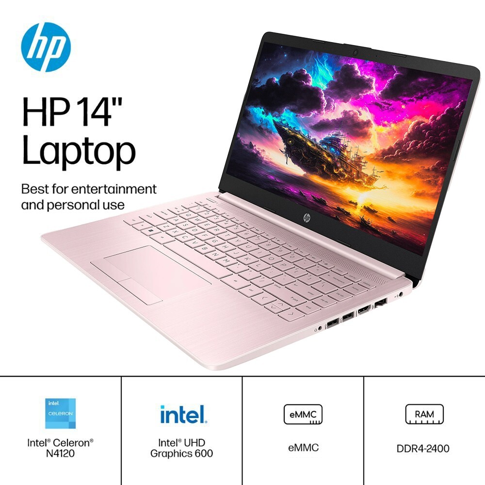 HP 2024 Newest Laptop 14″HD Intel 4-Core Up to 16GB RAM & 320GB Storage Pink