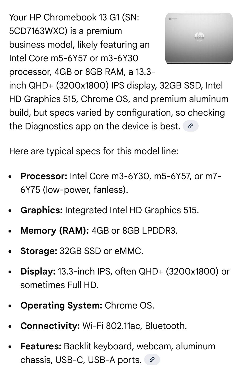 HP 13 G1 Chromebook Intel M5-6Y57 13.3” 8GB, 32GB SSD