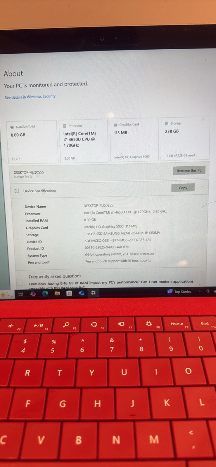 Microsoft Surface Pro 3, Intel Core i7-4650U @ 1.7GHz, 8GB RAM, 256GB SSD, W10P
