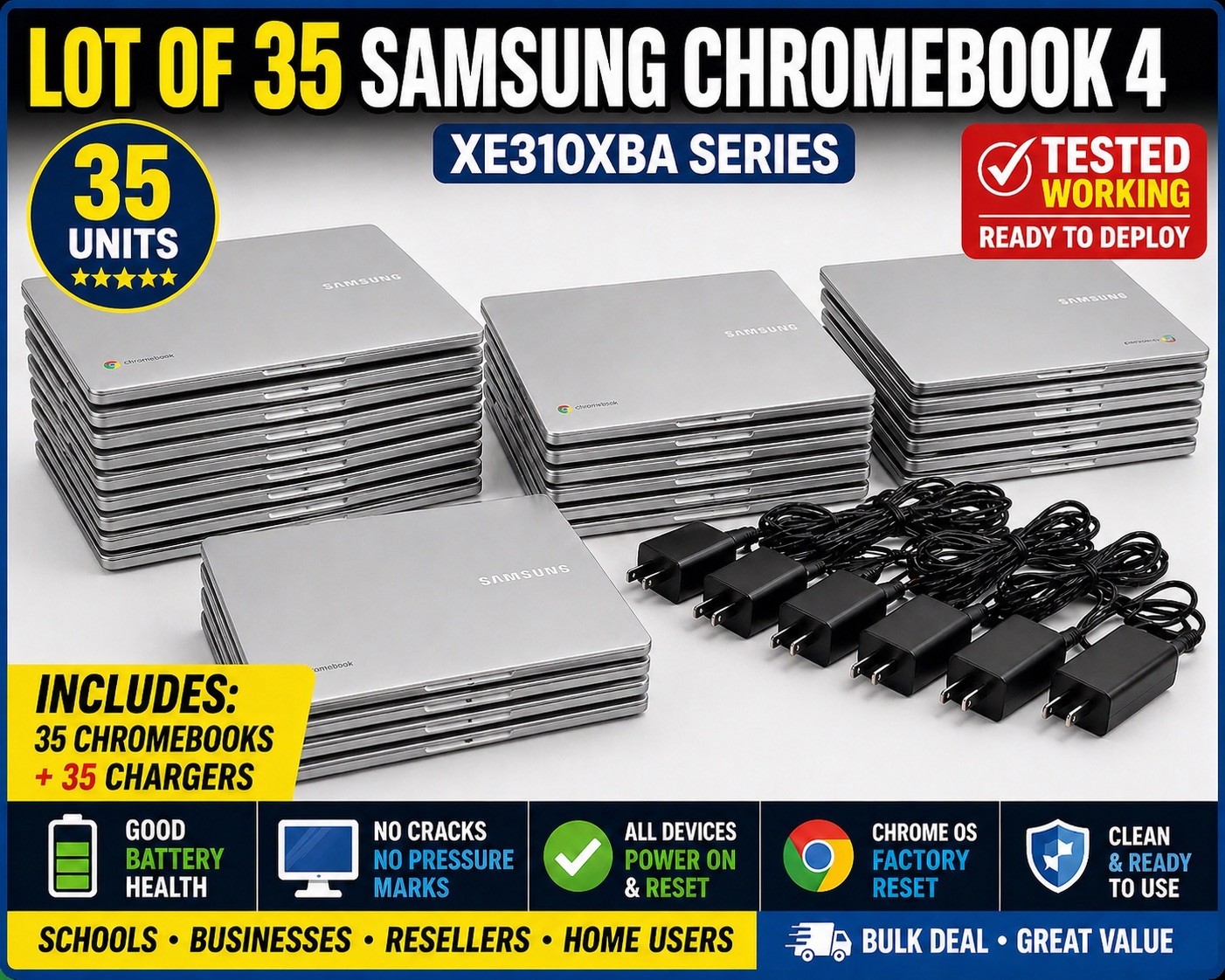 LOT OF 35 SAMSUNG CHROMEBOOK 4 (XE310XBA) “11.6” Tested Working w/ Chargers