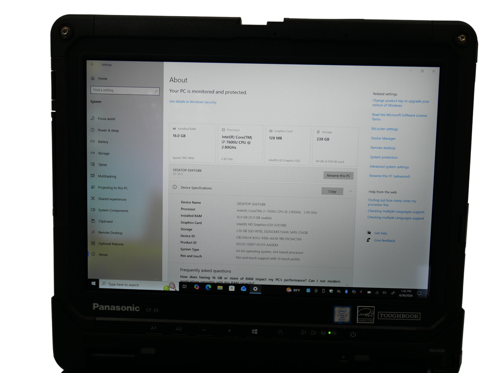 Panasonic ToughBook CF-33 Core i7-7600U 2.8GHz 16GB 256GB
