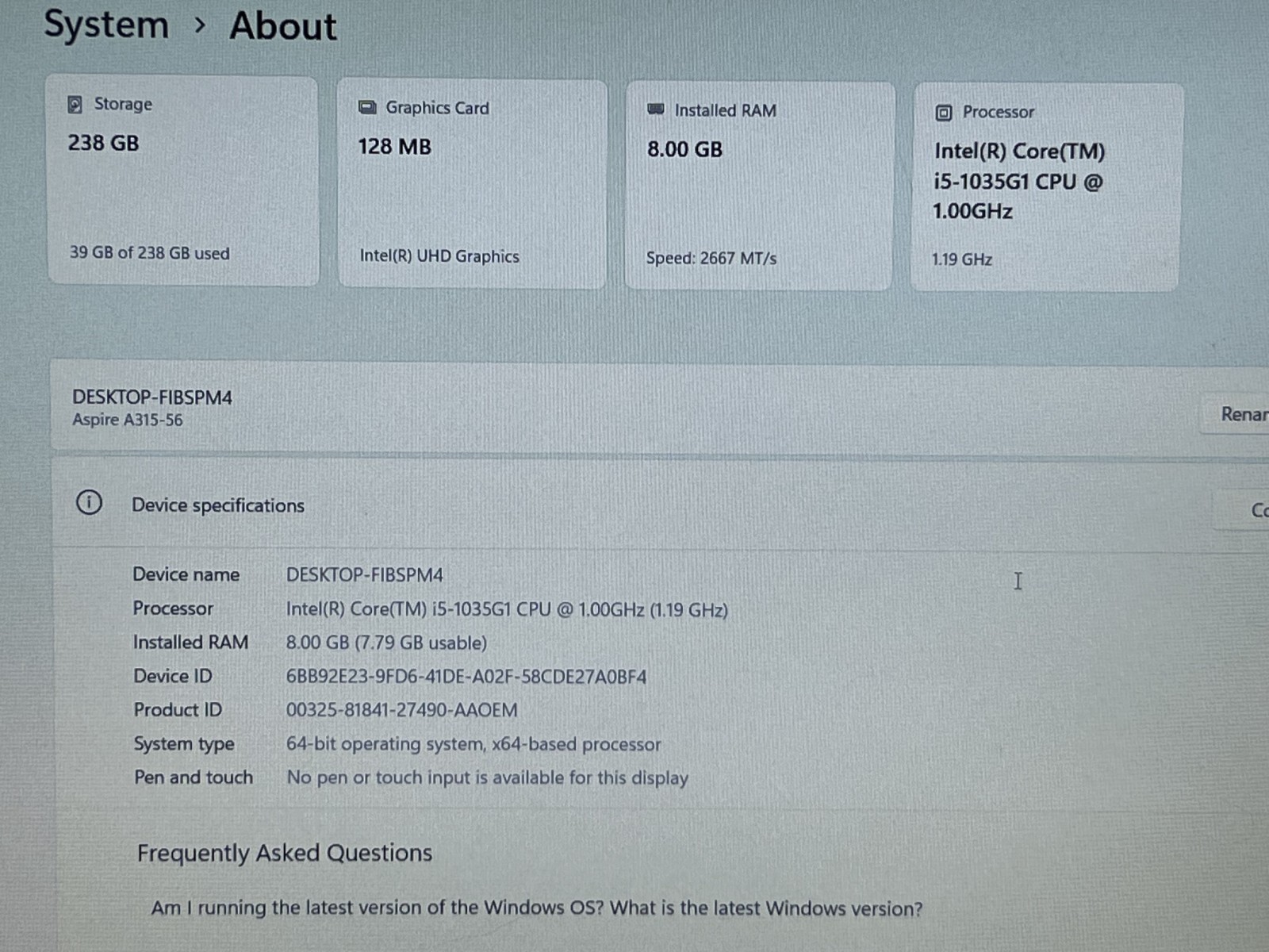 ACER ASPIRE A315-56 i5-1035G1 @ 1.00GHz 8GB RAM 256GB NVMe Win11H