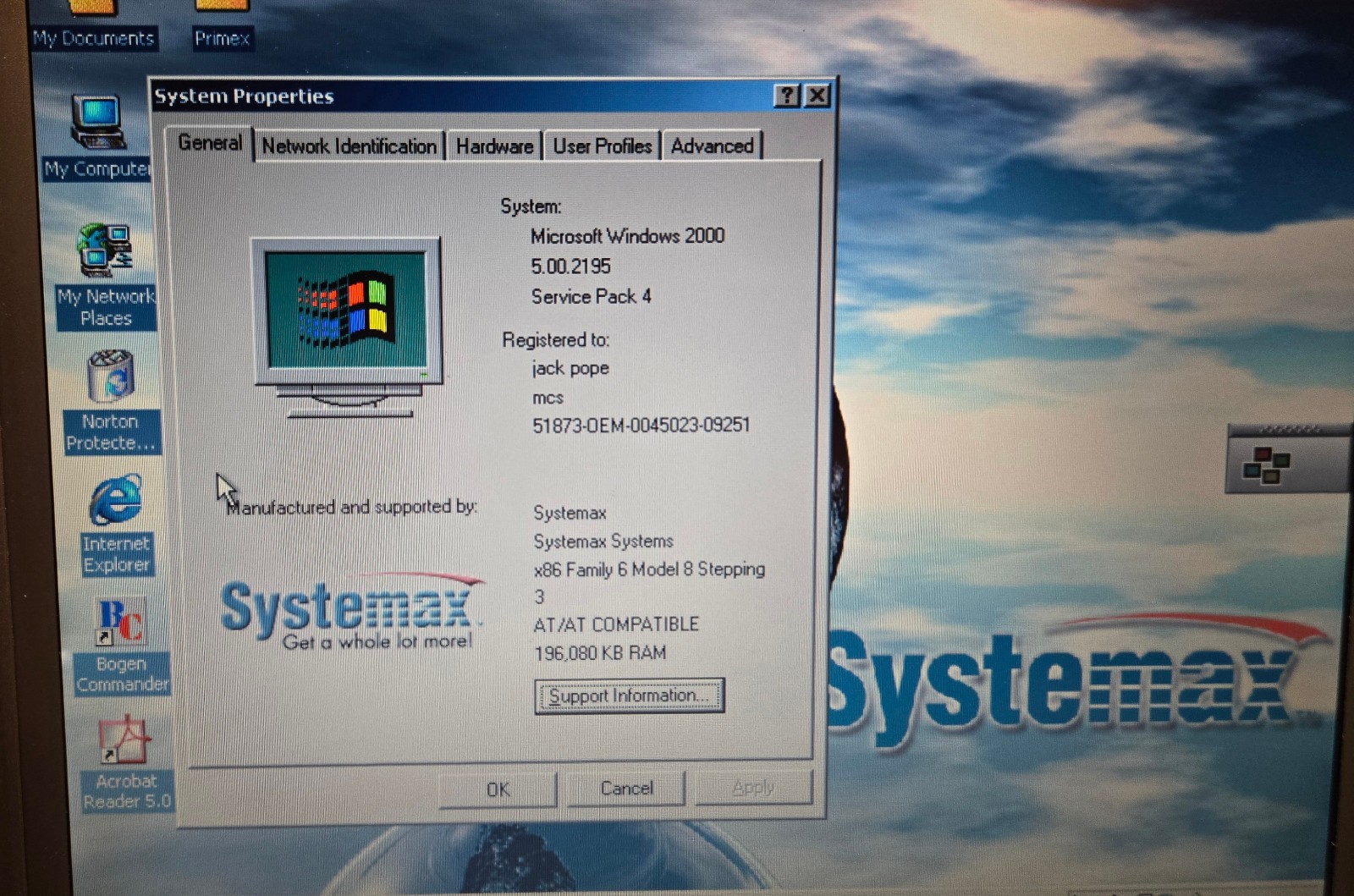 Vintage Systemax N20U (Intel Celeron @ 600 MHz, 196 MB RAM, Win2000)