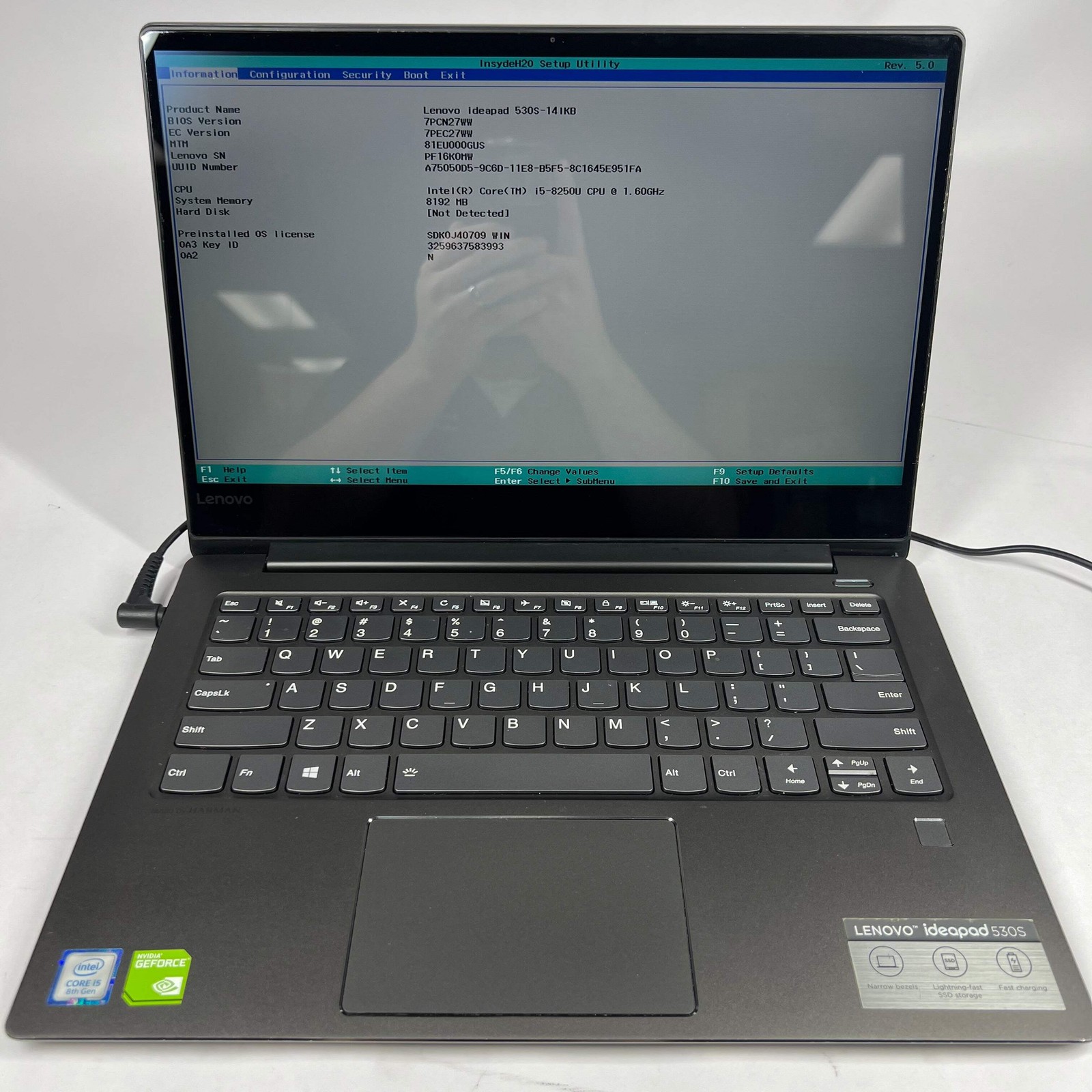 Broken Lenovo IdeaPad 530S 15.6″ i5-8250U 8GB RAM No Battery No SSD