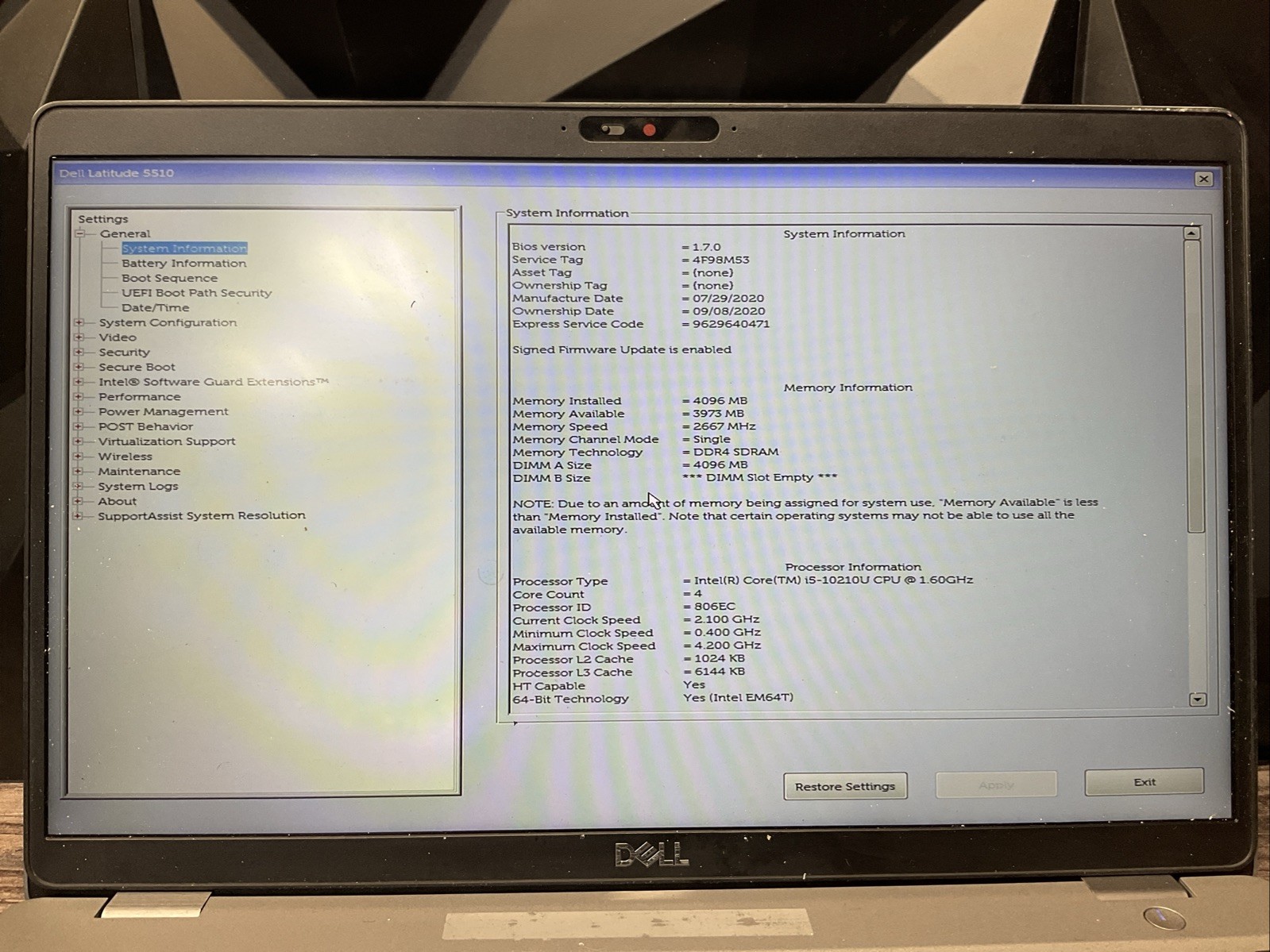 Latitude 5510 / i5 10th / No RAM Laptop Notebook PC / C5