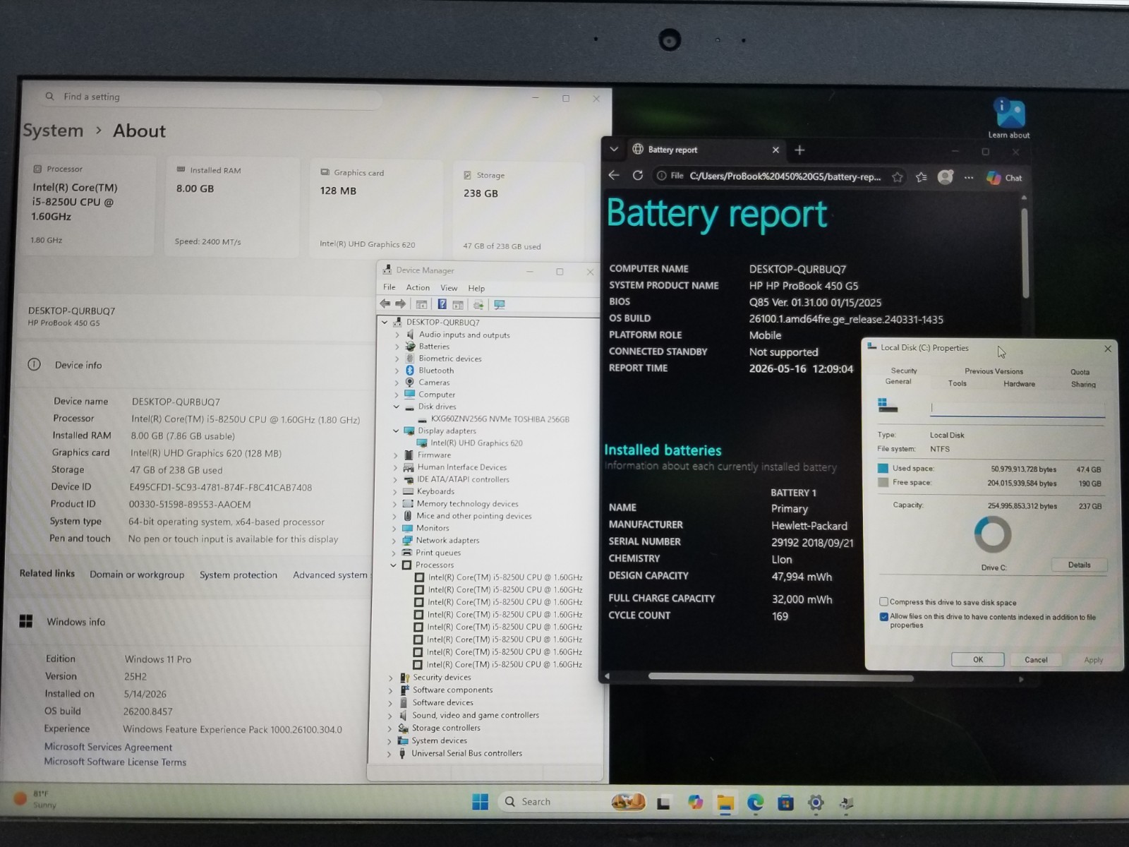 HP ProBook 450 G5 15.6″ FHD i5-8250U 1.6GHz 8GB RAM 256GB NVMe Win 11 Pro WiFi