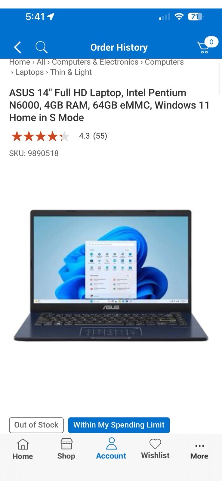 ASUS 14″ Full HD Laptop Intel Pentium N6000 4GB RAM 64GB eMMC Windows 11 Blue