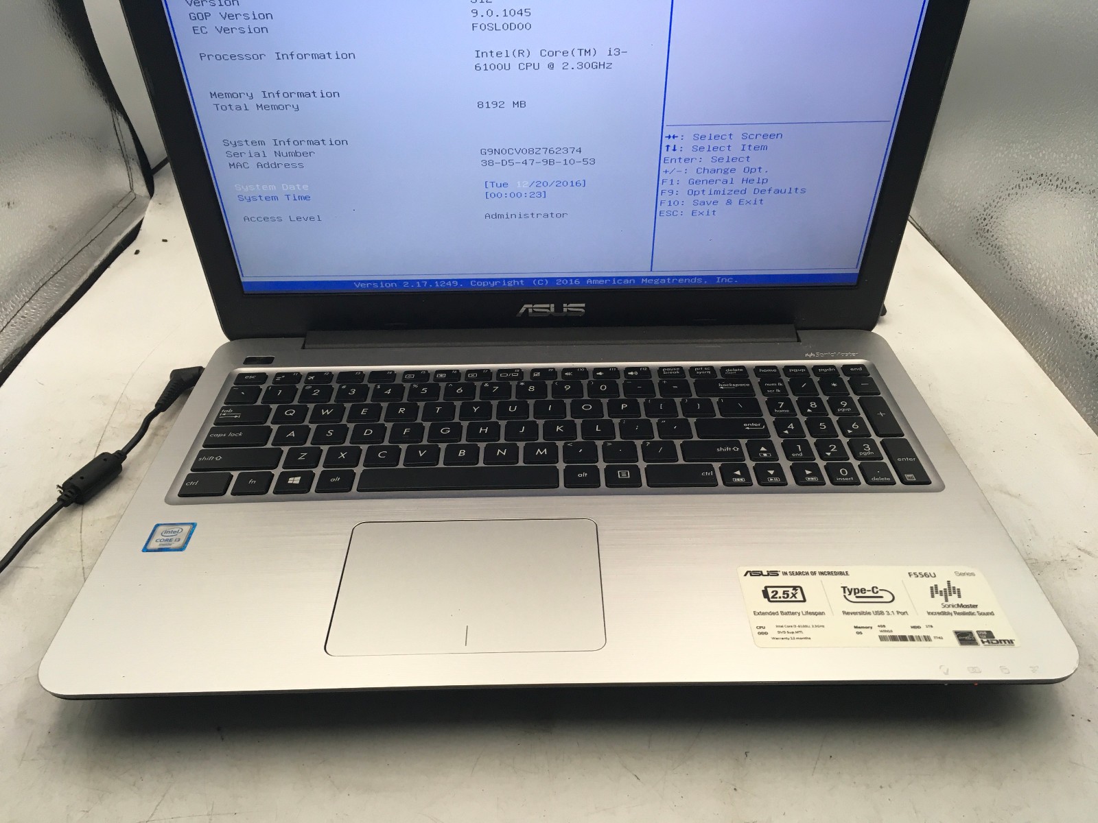 ASUS F556U NOTEBOOK – BOOTS TO BIOS – INTEL I3 6100U – NO RAM – NO OS – READ -BB