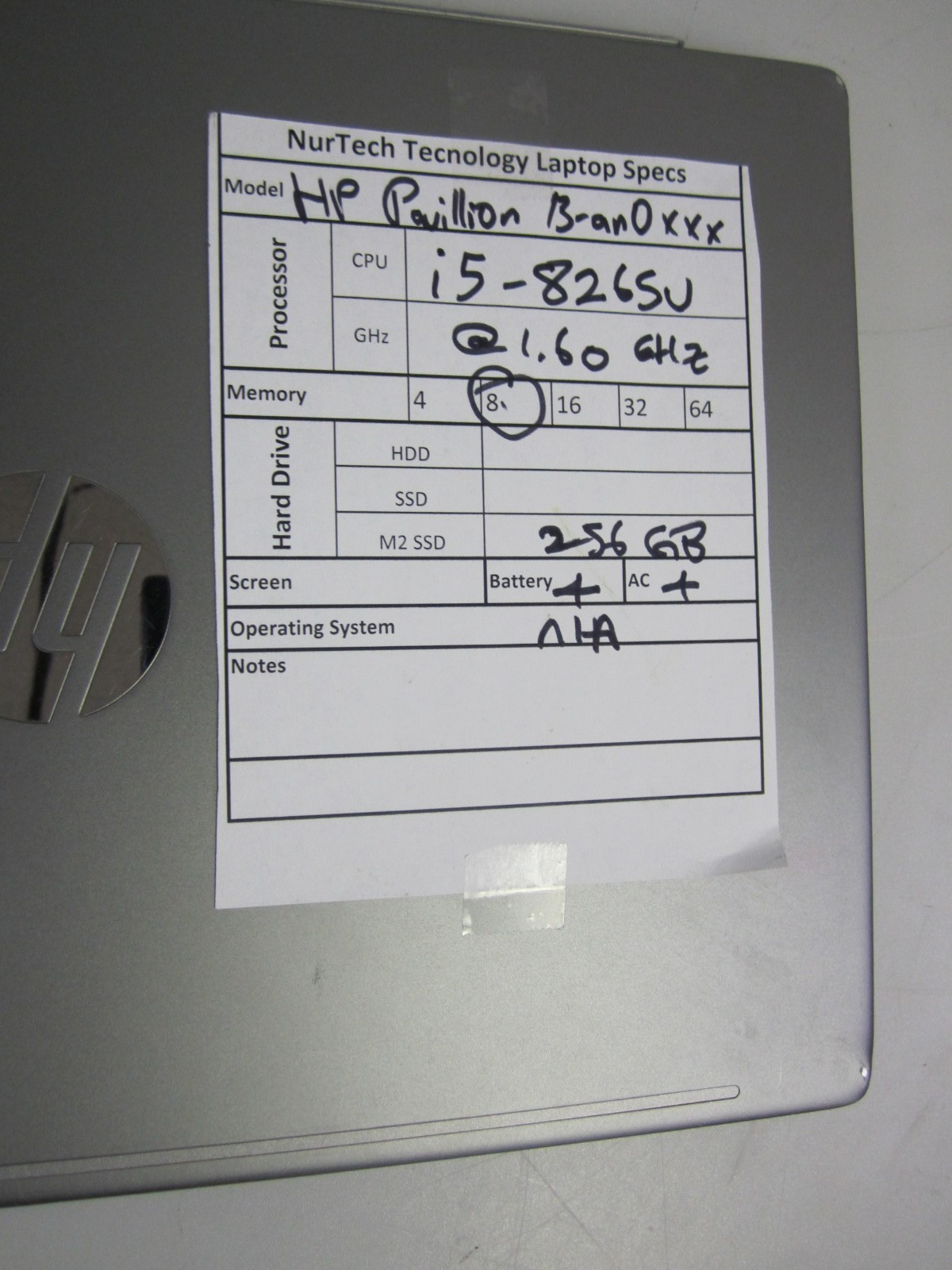 HP Pavilion 13-an0010nr i5-8265U 8GB 1.60GHZ 256GB M2SSD NO OS + AC LAPTOP READ