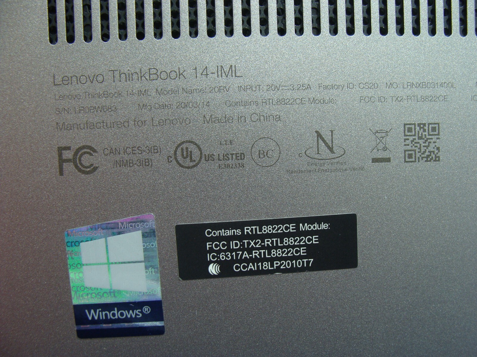 Lenovo ThinkBook 14-IML FHD i5-10210U 1.60GHz 8GB 256GB SSD PWR battery +Charger
