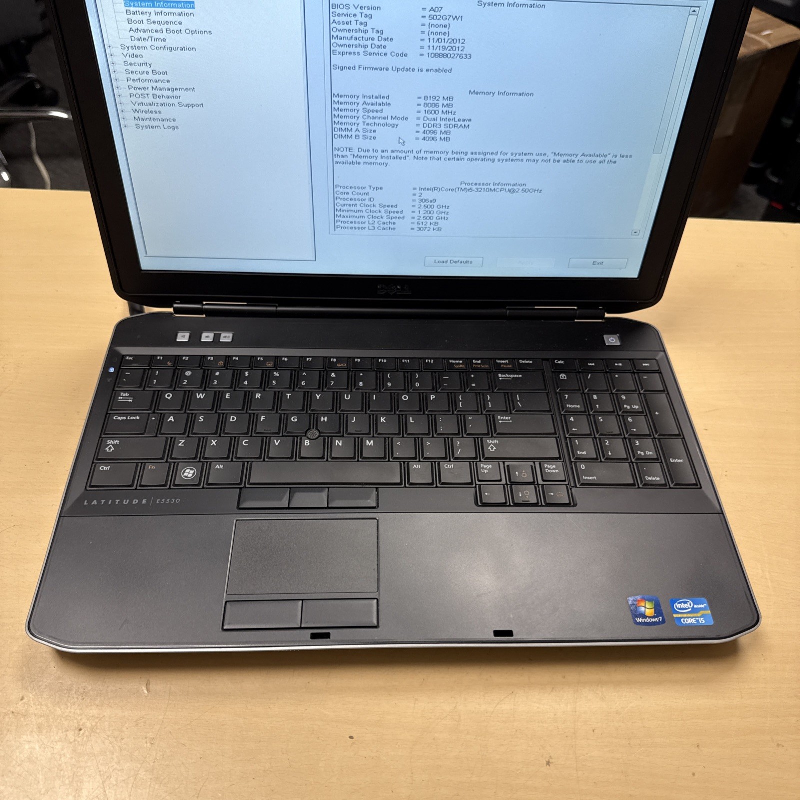 Dell Latitude E5530 Intel i5-3210 2.50GHz 8GB RAM RAM No HDD