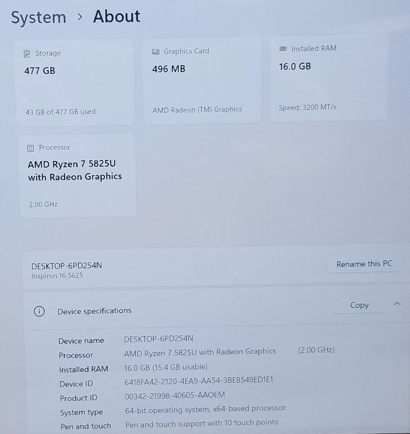 DELL INSPIRON 16 5625 16 IN TOUCH SCREEN i7-5825U, 16GB MEMORY, 512GB SSD