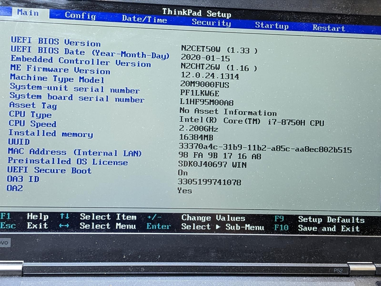 LENOVO THINKPAD P52 i7-8750H @ 2.20 GHz, 16GB RAM, NO HDD/OS
