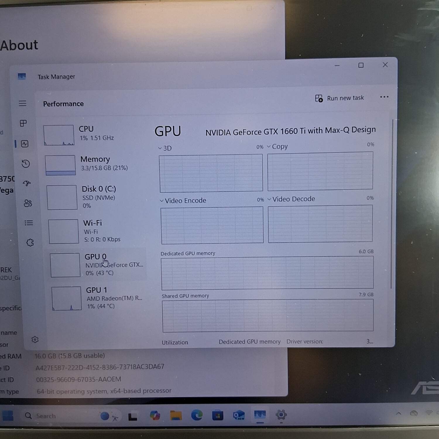 Broken Asus ROG Zephyrus G15 Ryzen 7 3750H 2.3GHz NVidia GeForce GTX 1660 Ti 16G