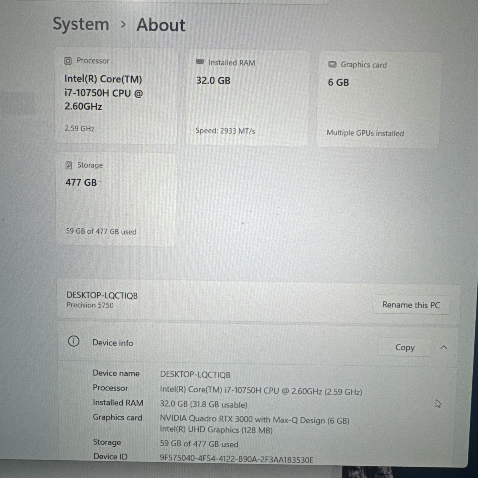 Dell Precision 5750 17” i7-10750H 2.6Ghz 500GB 32GB RTX 3000 Win 11