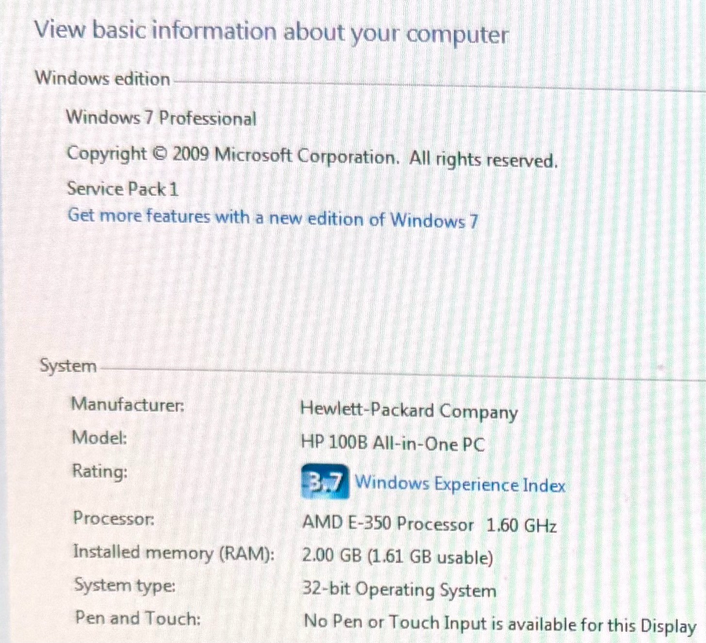 HP 100B All-in-One Windows 7 Pro PC XZ812UT#ABA AMD E-350 2GB DDR3 RAM 250GB HD
