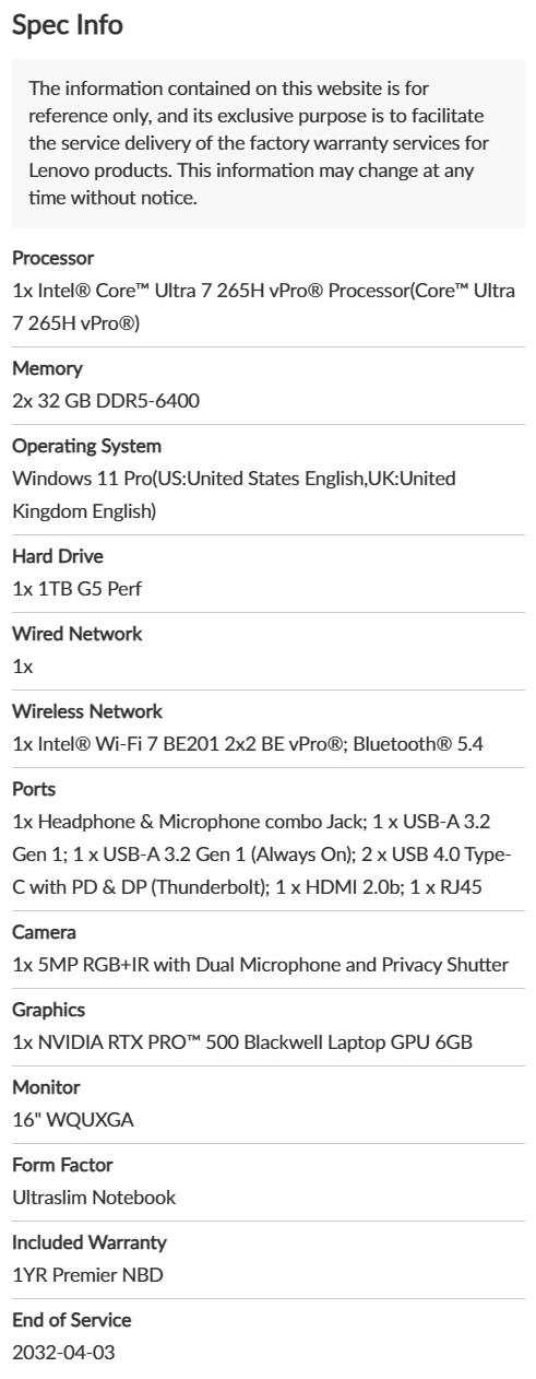 Lenovo ThinkPad P16S Gen 4 21QV0036US – 16″ WQUXGA, 265H, 64GB, 1TB, RTX PRO 500