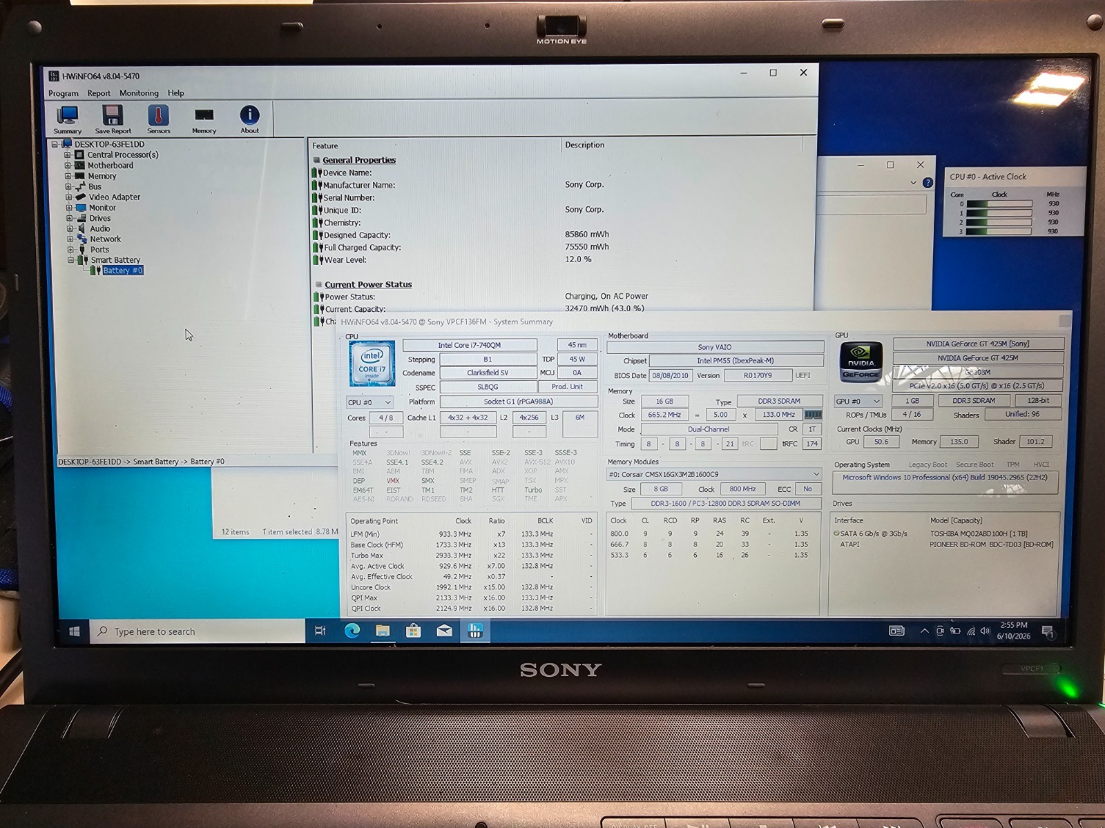 Sony Vaio VPCF136FM i7-740QM 16GB RAM 1TB HDD NVIDIA 425M Win 10 NO AC #04